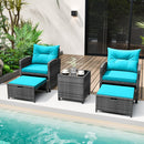 5 Piece Patio Rattan Furniture with 2 Ottomans and Tempered Glass Coffee Table