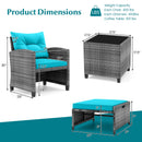 5 Piece Patio Rattan Furniture with 2 Ottomans and Tempered Glass Coffee Table