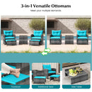 5 Piece Patio Rattan Furniture with 2 Ottomans and Tempered Glass Coffee Table