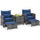 5 Piece Patio Rattan Furniture with 2 Ottomans and Tempered Glass Coffee Table