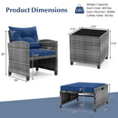 5 Piece Patio Rattan Furniture with 2 Ottomans and Tempered Glass Coffee Table