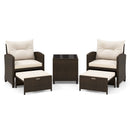 5 Pieces Patio Rattan Furniture with 2 Ottomans and Tempered Glass Coffee Table-Red