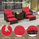 5 Pieces Patio Rattan Furniture with 2 Ottomans and Tempered Glass Coffee Table-Red