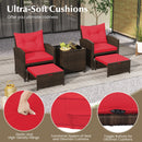 5 Pieces Patio Rattan Furniture with 2 Ottomans and Tempered Glass Coffee Table-Red