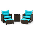 5 Pieces Patio Rattan Furniture with 2 Ottomans and Tempered Glass Coffee Table-Red