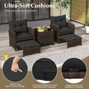 5 Pieces Patio Rattan Furniture with 2 Ottomans and Tempered Glass Coffee Table-Red