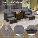 5 Pieces Patio Rattan Furniture with 2 Ottomans and Tempered Glass Coffee Table-Red