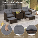 5 Pieces Patio Rattan Furniture with 2 Ottomans and Tempered Glass Coffee Table-Red