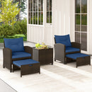 5 Pieces Patio Rattan Furniture with 2 Ottomans and Tempered Glass Coffee Table-Red