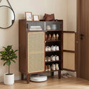 5-Tier Bamboo Shoe Cabinet with Woven Rattan Sliding Doors