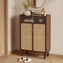 5-Tier Bamboo Shoe Cabinet with Woven Rattan Sliding Doors