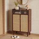 5-Tier Bamboo Shoe Cabinet with Woven Rattan Sliding Doors