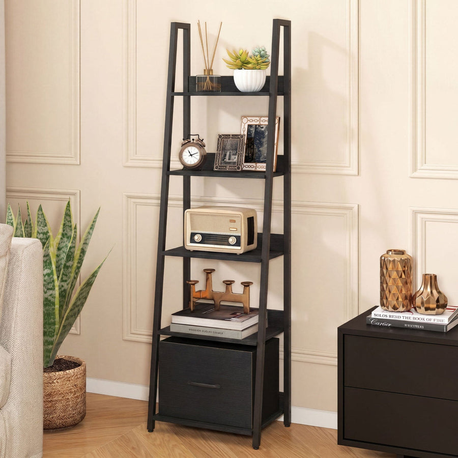 5-Tier Ladder Bookshelf with Fabric Drawer