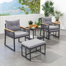5 Piece Outdoor Rattan Conversation Set with 2-Layer Side Table and 2 Ottomans-Gray