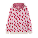 Women Casual Drop Shoulder Hooded Knit Top Pink Leopard Pattern Wool Blend Sweater