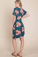 BOMBOM Floral Round Neck Short Tee Dress with Pockets