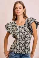 BiBi Floral Jacquard Ruffle Sleeves Knit Top
