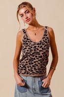 SO ME Leopard Knitted Lightweight V Neck Tank Top
