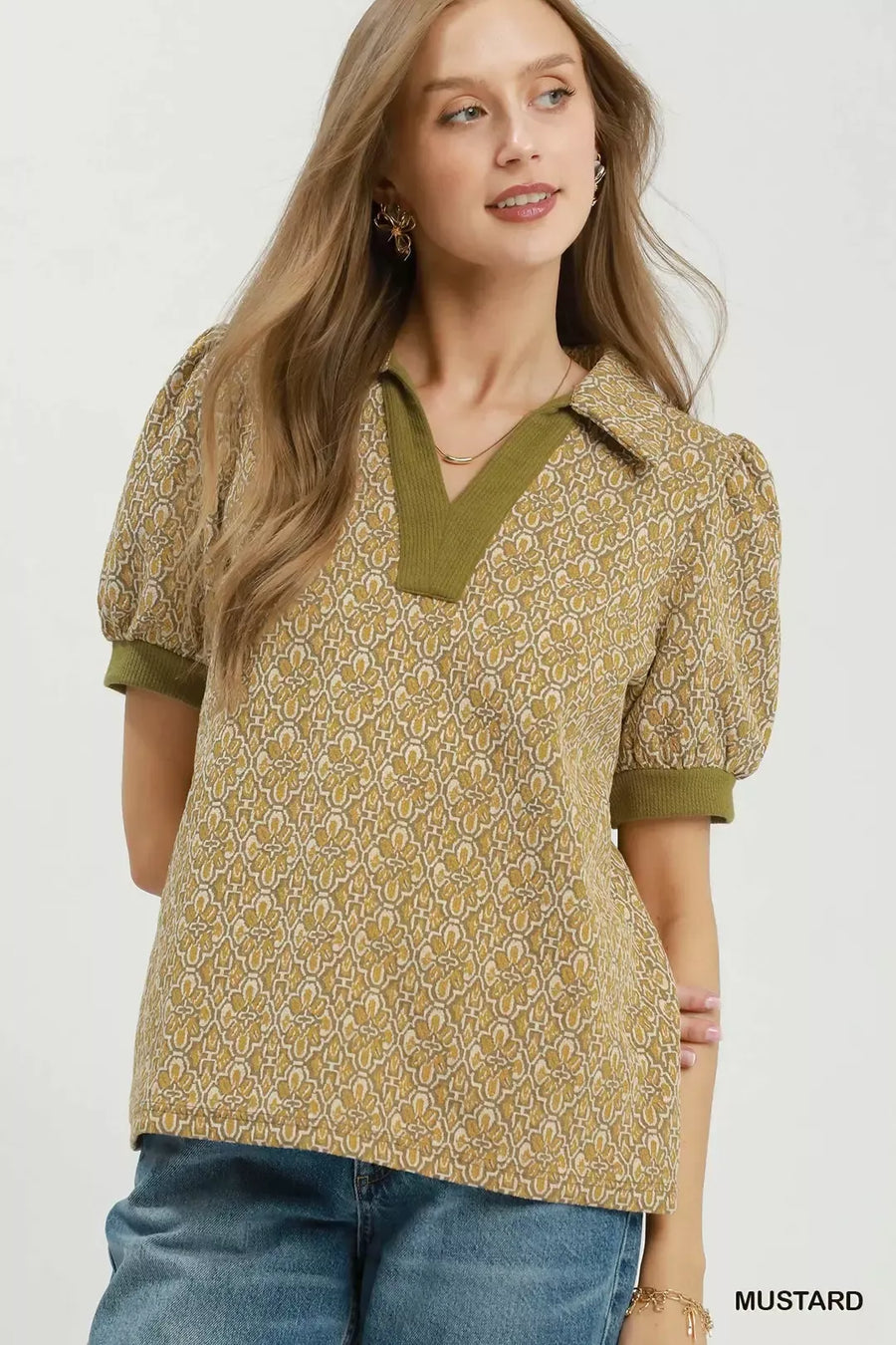 Umgee Printed Collared Puff Sleeve Top