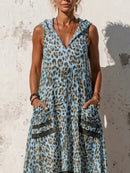 Full Size Sleeveless Hooded Leopard Print Maxi Dress with Pockets Plus Size