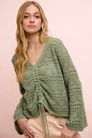 BiBi Pointelle Knit V Neck Ruched Front Lightweight Top