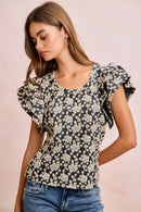 BiBi Floral Jacquard Ruffle Sleeves Knit Top