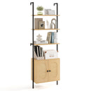 72.5 Inch 6-Tier Wall Mounted Ladder Bookshelf with Rattan Cabinet-Natural