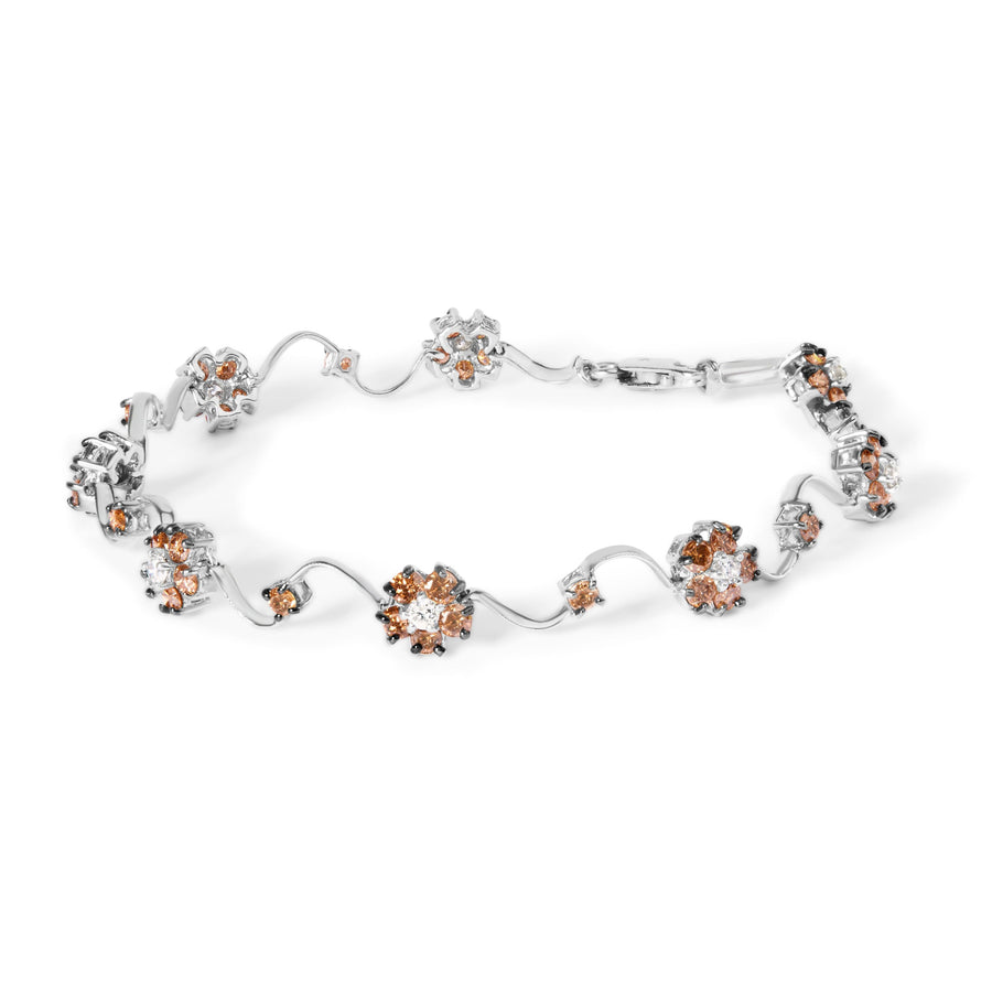 10K White Gold 4.0 Cttw Champagne and White Diamond Floral Cluster and Station Link Bracelet (H-I Color, SI2-I1 Clarity) - 7