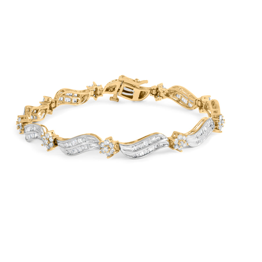 10K Yellow and White Gold 3.00 Cttw Diamond Cluster and Wave Link Bracelet (I-J Color, I1-I2 Clarity) - 7.25