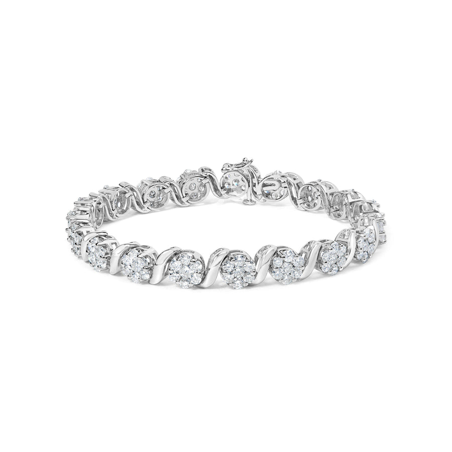 14K White Gold 7 3/8 Cttw Round Brilliant Diamond Floral Cluster and S Link Bracelet (H-I Color, SI2-I1 Clarity) - 7