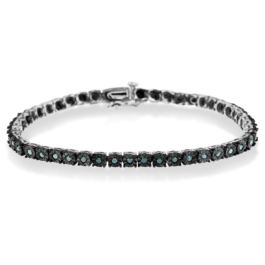 Black Rhodium Plated .925 Sterling Silver 1.0 Cttw Diamond Miracle Tennis Bracelet (Enhanced Blue Color, I3 Clarity) - 7