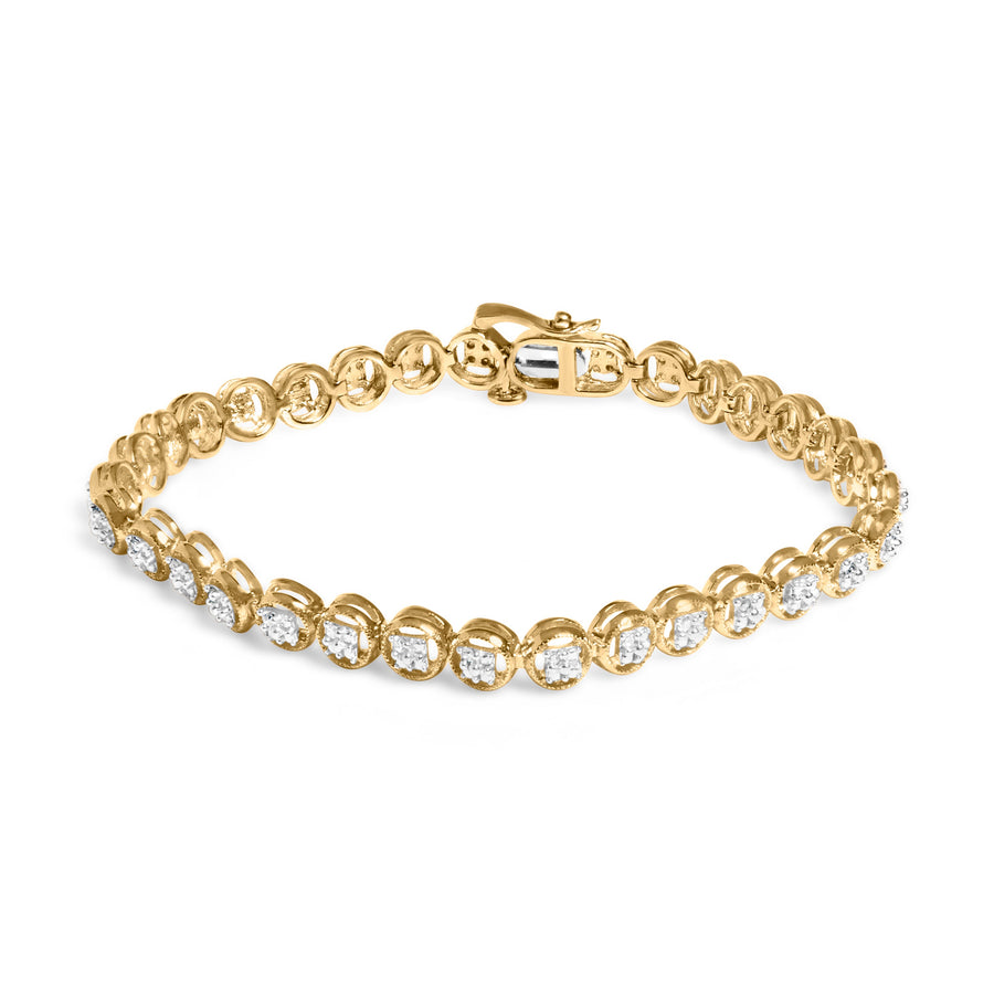 14K Yellow Gold Plated .925 Sterling Silver 1/10 Cttw Diamond Open Circle Beaded Wheel Link Tennis Bracelet (I-J Color, I3 Clarity) - 7.25