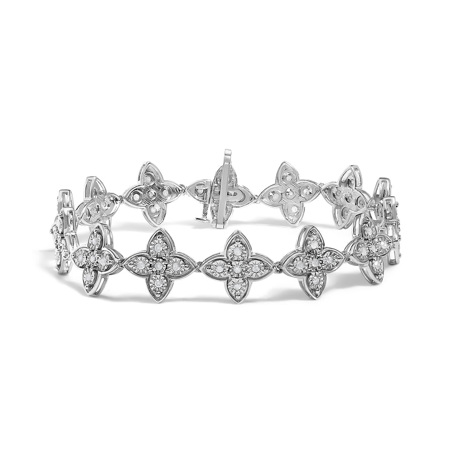 .925 Sterling Silver 1.0 cttw Miracle-Set Diamond 4 Leaf Clover Link Bracelet (I-J Clarity, I3 Color) - Size 7.25
