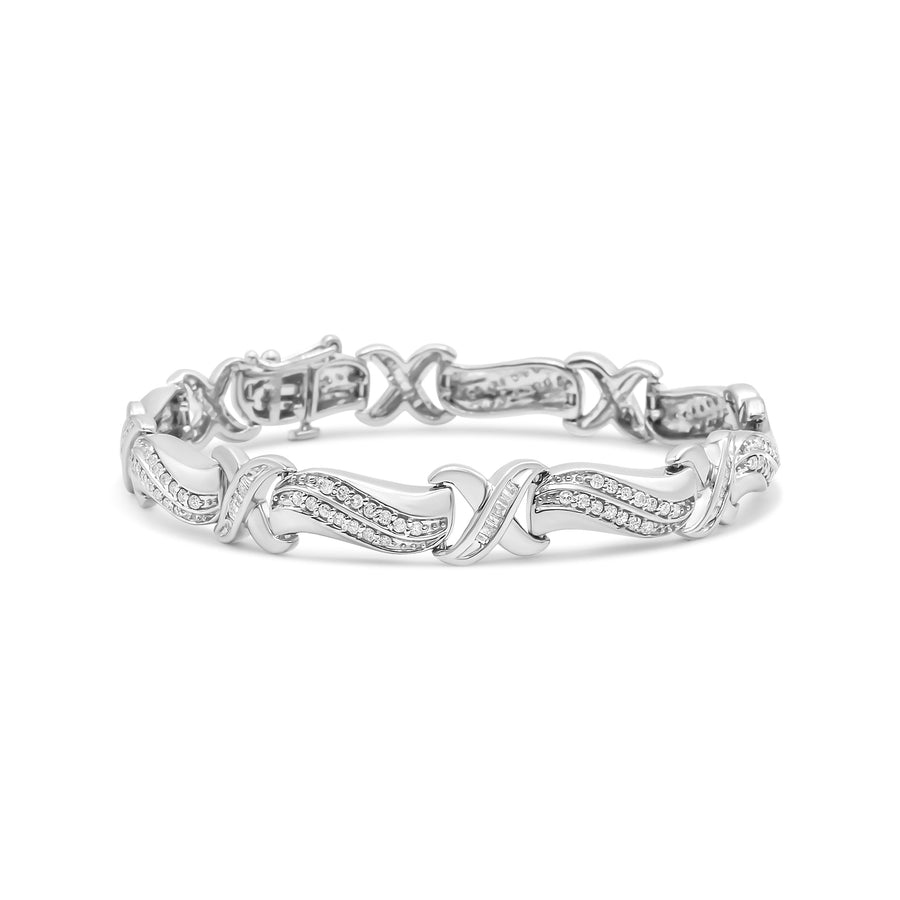 .925 Sterling Silver 1 3/4 Cttw Diamond Wave and X Link Tennis Bracelet (I-J Color, I3 Clarity) - 7