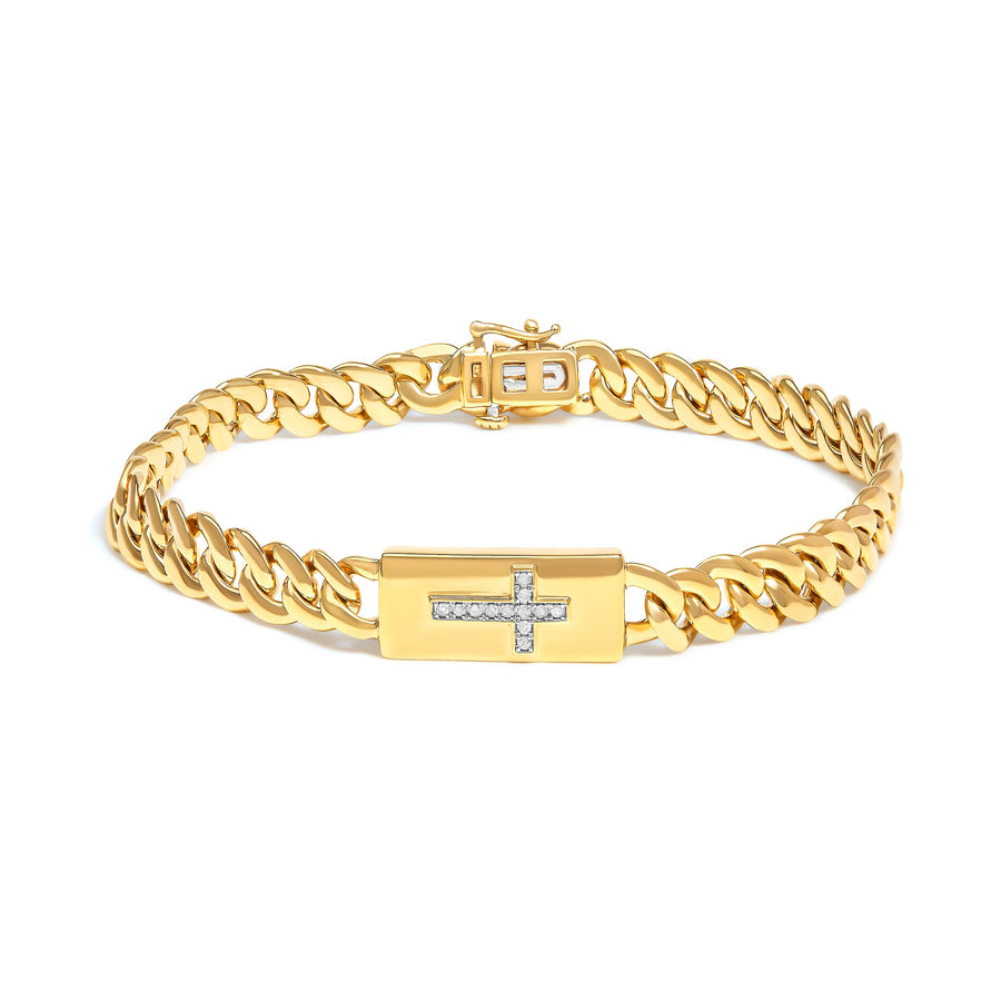14K Yellow Gold Plated .925 Sterling Silver Diamond Accent Inlaid Cross Cuban Link Bracelet (I-J Color, I3 Clarity)-  7.25