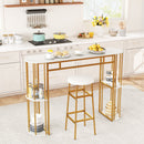 60 Inch Long Bar Table Narrow with Faux Marble Tabletop and Storage Shelves