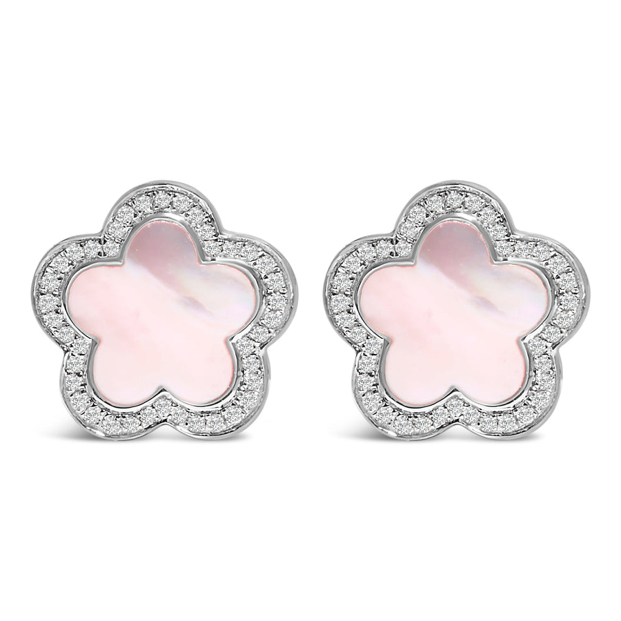 14K White Gold Mother of Pearl and 1/5 Cttw Diamond Halo Star Stud Earrings
