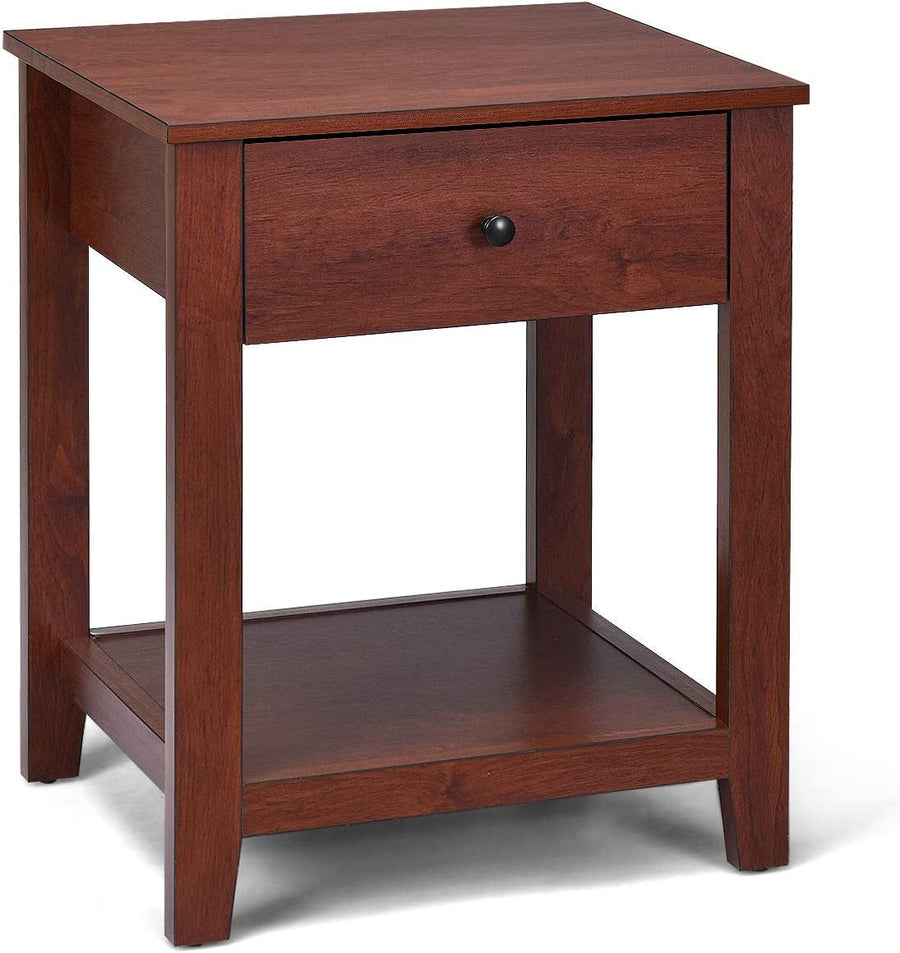 Nightstand with Drawer and Storage Shelf - Brown Wood Finish