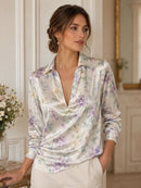Retro Ink-wash Floral Lapel Deep-V Satin Blouse