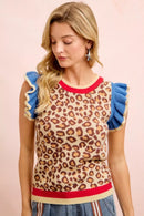 BiBi 4th Of July Leopard Ruffled Detail Knit Top