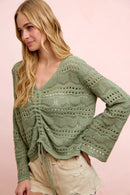 BiBi Pointelle Knit V Neck Ruched Front Lightweight Top