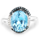 5.27 Carat Genuine Swiss Blue Topaz, Blue Diamond and White Diamond .925 Sterling Silver Ring