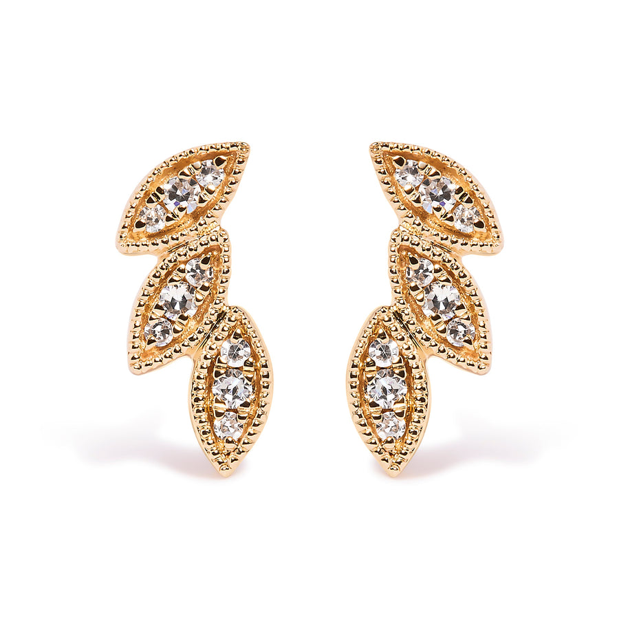 10K Yellow Gold 1/10 Cttw Diamond Triple Leaf Stud Earring (H-I Color, I1-I2 Clarity)