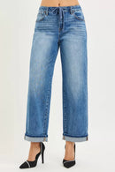 RISEN Elastic Band Slouch Ankle Boyfriend Cuffed Hem Jeans