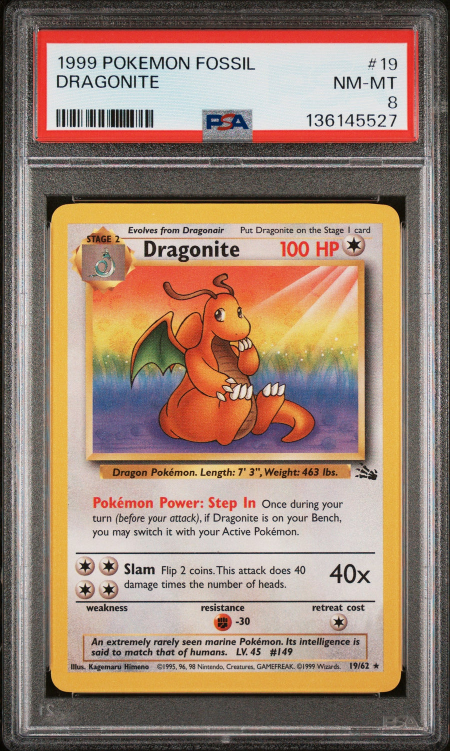 1999 Pokemon Fossil Dragonite 8 PSA #19