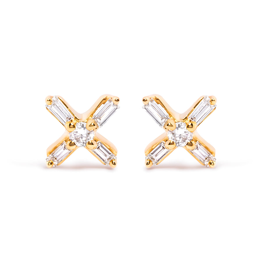 10K Yellow Gold 1/10 Cttw Round and Baguette Diamond Criss Cross X Stud Earring (H-I Color, I1-I2 Clarity)