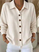 Womens Solid-Color Long-Sleeve Cardigan Polo Shirt