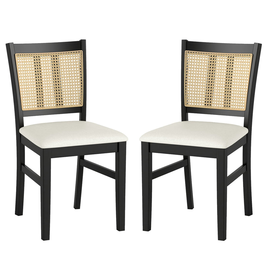 Farmhouse Rattan Dining Chair Set of 2 with Rubber Wood Legs and Cane Back-Beige