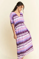 Davi & Dani Multi Color Wavy Tie Waist Flowy Sleeve Dress