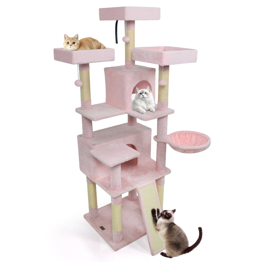 65 Inch Tall Multi-level Cat Tree with 3 Upholstered Perch and 2 Cat Condos